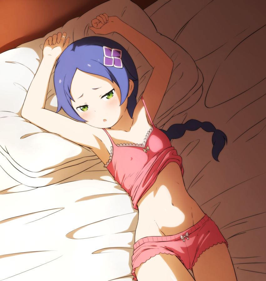1girl alternate_costume armpits blush boyshort_panties braid braided_ponytail covered_erect_nipples ecjhonny89 green_eyes highres looking_at_viewer meili_portroute navel on_bed open_mouth panties pillow pink_panties pink_tank_top purple_hair re:zero_kara_hajimeru_isekai_seikatsu solo tank_top underwear