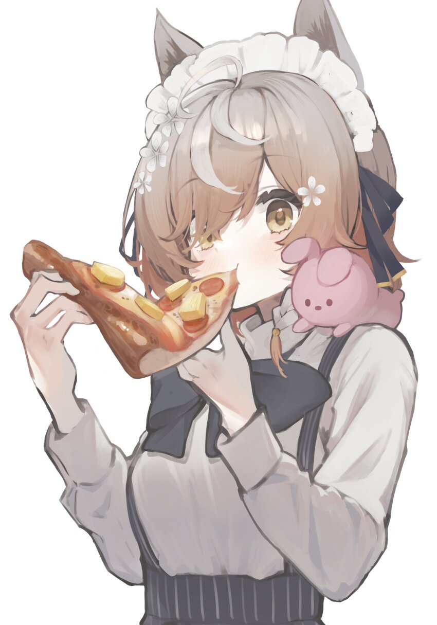 1girl animal_ears blush brown_eyes brown_hair cat_ears eating flower food hair_flower hair_ornament hair_over_one_eye hawaiian_pizza highres holding holding_food klara_charmwood looking_at_viewer maid_headdress medium_hair nijisanji nijisanji_en pineapple_on_pizza pizza pizza_slice simple_background triple_ahoge virtual_youtuber wata_midori white_background