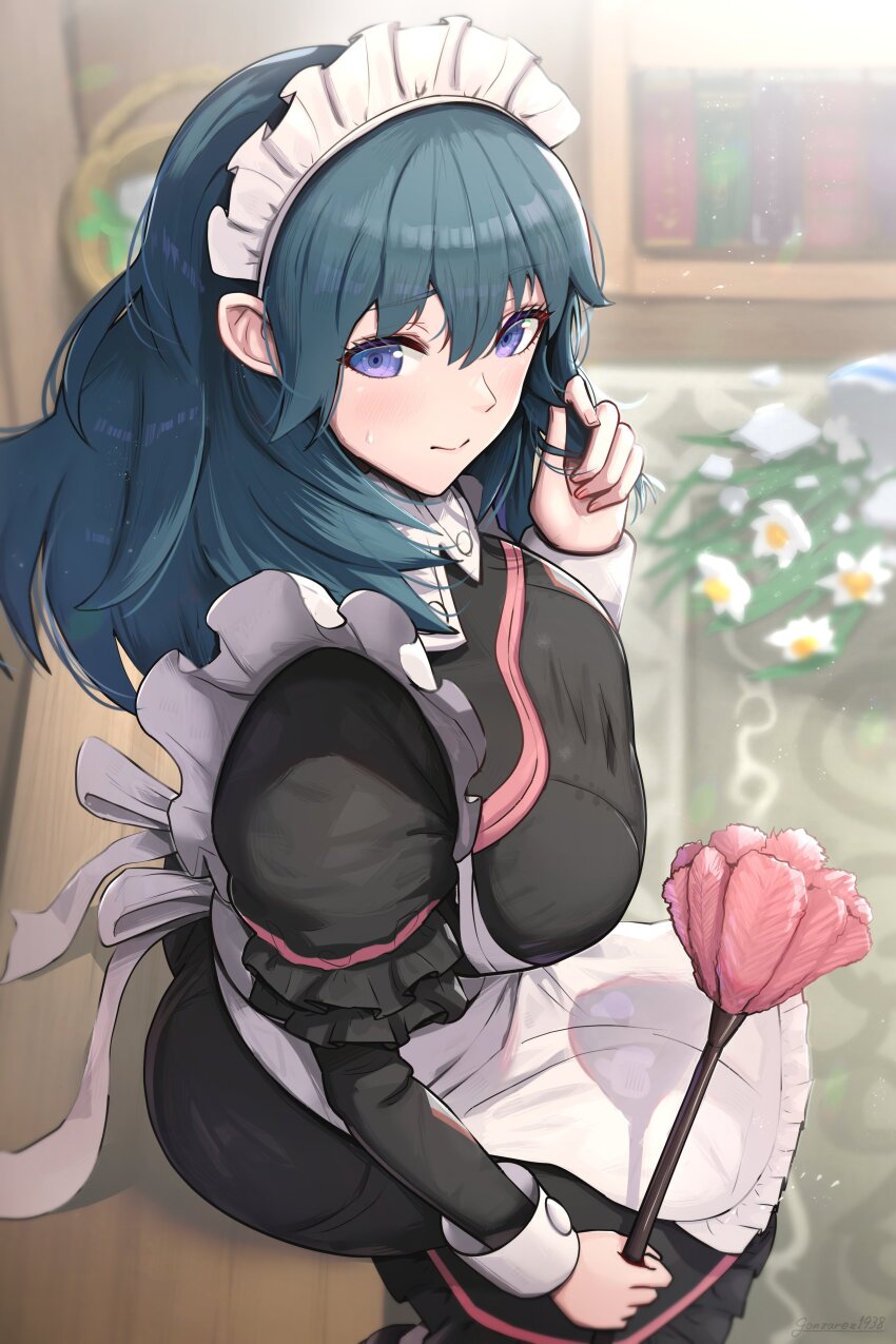 1girl absurdres alternate_costume apron ass black_dress blue_eyes blue_hair blurry blurry_background blush breasts broken broken_vase female_byleth_(fire_emblem) dress duster enmaided female_focus fire_emblem fire_emblem:_three_houses flower gonzarez hair_between_eyes highres indoors large_breasts long_hair long_sleeves looking_at_viewer maid maid_headdress nervous nervous_smile nintendo playing_with_own_hair revision sitting smile solo vase white_apron white_flower
