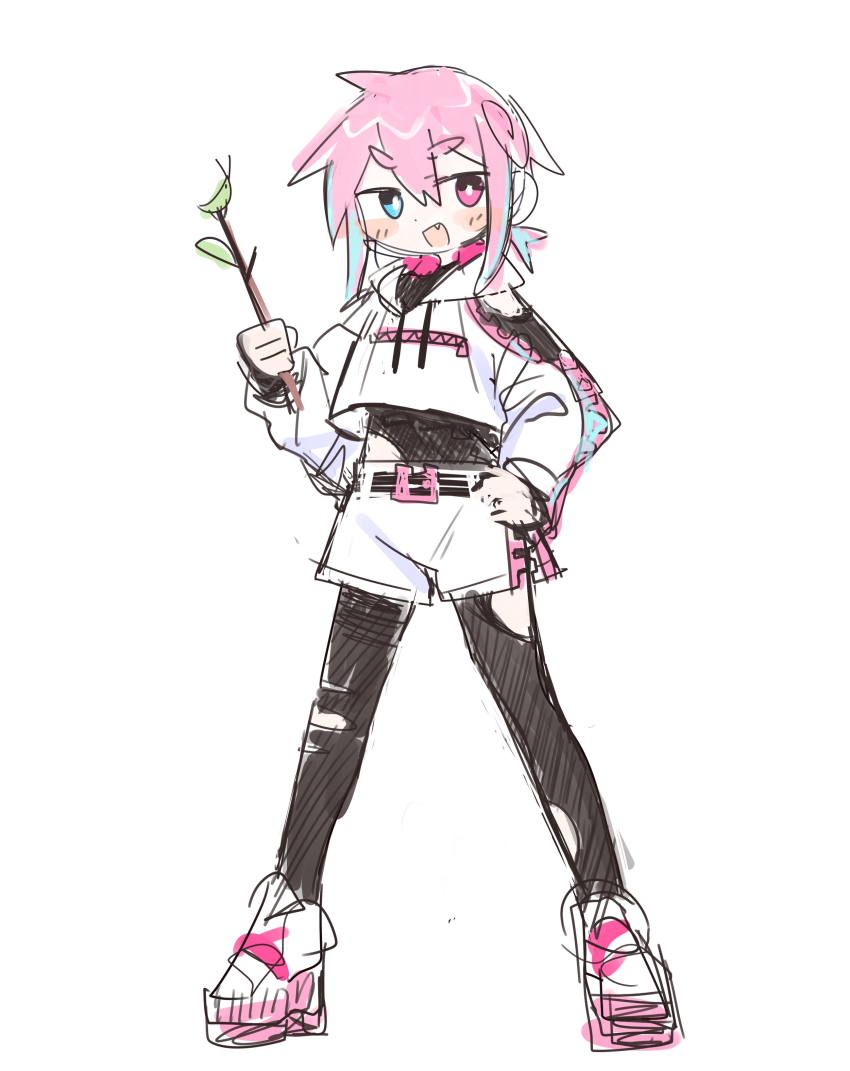 1boy absurdres belt black_belt black_bodysuit blue_eyes blush_stickers bodysuit bright_pupils commentary_request cropped_hoodie fang full_body hand_on_own_hip heterochromia highres holding holding_stick hood hood_down hoodie legs_apart long_sleeves male_focus open_mouth original pink_eyes pink_hair raito-kun_(uenomigi) short_hair shorts simple_background sketch smile solo stick torn_bodysuit torn_clothes uenomigi v-shaped_eyebrows white_background white_hoodie white_pupils white_shorts