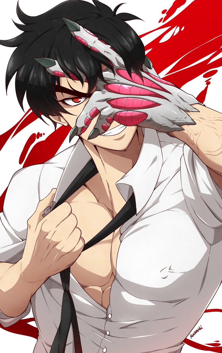 1boy absurdres artist_name bara black_hair collared_shirt covered_erect_nipples covering_face highres jigoku_sensei_nube kuroshinki large_pectorals looking_at_viewer male_focus muscular muscular_male necktie nueno_meisuke pectorals red_eyes shirt short_hair smile solo teeth upper_body white_shirt