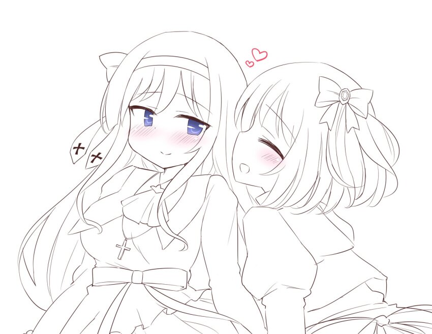 2girls arms_at_sides ascot assault_lily blue_eyes blush bow bow_hairband breasts closed_mouth commentary_request cropped_jacket cross cross_necklace dress greyscale grin hair_bow hair_ribbon hairband heart hitotsuyanagi_riri itou_shizu_(assault_lily) jewelry juliet_sleeves long_sleeves looking_at_another looking_to_the_side medium_breasts monochrome multiple_girls necklace official_alternate_costume profile puffy_sleeves ribbon school_uniform sekiri_(sekiriri) sidelocks sideways_glance simple_background smile spot_color upper_body white_background yurigaoka_girls_academy_school_uniform