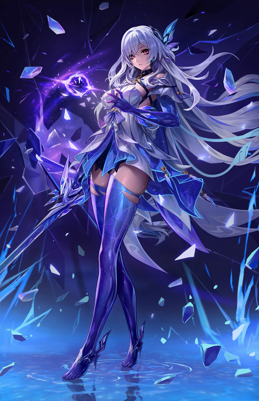 1girl breasts commentary dress english_commentary full_body genshin_impact grey_hair hair_between_eyes hair_ornament hand_up highres imdrunkontea large_breasts long_hair looking_at_viewer parted_lips prosthesis prosthetic_arm prosthetic_leg red_eyes revision ripples skirk_(genshin_impact) solo standing very_long_hair water