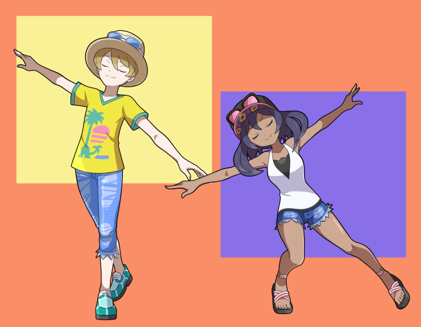 1boy 1girl airplane_arms asatsuki_(fgfff) black_hair blue_pants blue_shorts closed_eyes closed_mouth commentary_request dexio_(pokemon) eyewear_on_headwear green_shoes hat long_hair nintendo outstretched_arms pants pink-tinted_eyewear pokemon pokemon_sm print_shirt sandals shirt shoes short_shorts short_sleeves shorts sina_(pokemon) smile spread_arms squatting sunglasses tinted_eyewear toes undershirt white_shirt yellow_shirt
