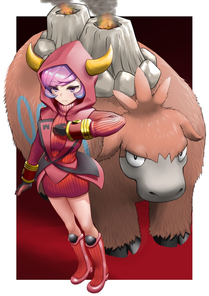 1girl arms_up black_gloves boots bracelet breasts camerupt courtney_(pokemon) dress fake_horns fire fluffy gen_3_pokemon gloves half-closed_eyes hand_up highres hood hood_up hooded_vest hoodie hooves horned_headwear horned_hood horns jewelry knee_boots long_sleeves looking_at_viewer miniskirt nabe_puyo nintendo orange_fur pink_hair pokemon pokemon_(creature) pokemon_oras purple_eyes purple_hair red_footwear red_hood ribbed_dress ribbed_sweater short_hair skirt sleeveless sleeveless_turtleneck smoke smoke_trail sweater team_magma turtleneck vest volcano yellow_horns