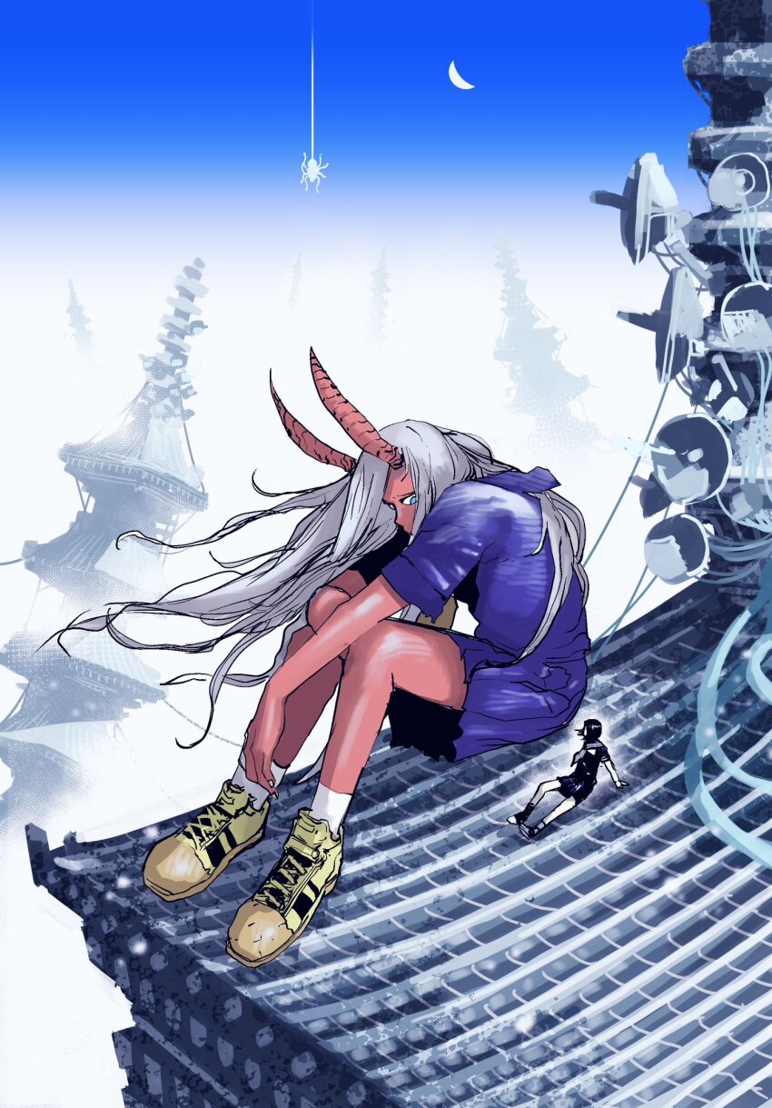 2girls architecture black_serafuku blue_eyes bug colored_skin commentary_request crescent_moon demon_girl demon_horns east_asian_architecture giant giantess grey_hair highres horns long_hair manabu_yashiro miniskirt moon multiple_girls oni oni_horns original purple_serafuku red_skin rooftop scarf school_uniform serafuku shoes sitting skirt sneakers spider unfinished