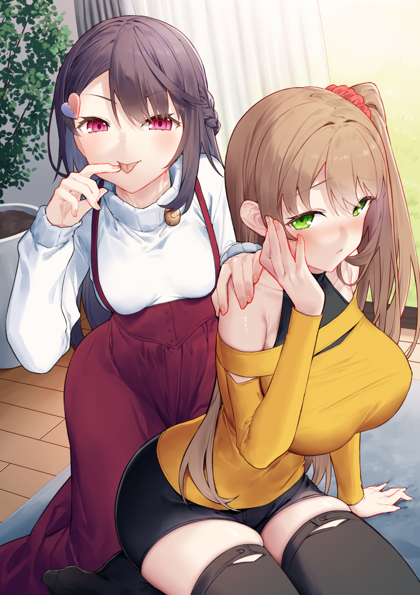 2girls :p absurdres black_hair black_shorts black_thighhighs braid breasts broken_headphones broken_heart broken_heart_hair_ornament brown_hair collarbone commentary_request cosplay costume_switch curtains green_eyes hair_ornament hair_scrunchie hanashiro_yuuka hanashiro_yuuka_(cosplay) hand_on_another&#039;s_shoulder heart heart_hair_ornament high-waist_skirt highres indoors large_breasts long_sleeves multiple_girls munakata_hinano munakata_hinano_(cosplay) off-shoulder_shirt off_shoulder one_side_up original plant potted_plant puffy_long_sleeves puffy_sleeves purple_eyes purple_skirt red_scrunchie scrunchie shirt shorts skirt sleeves_past_wrists small_breasts suspender_skirt suspenders sweater thighhighs tokuno_yuika tongue tongue_out white_sweater wooden_floor yellow_shirt