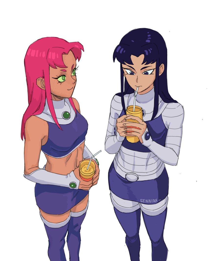 blackfire breasts closed_mouth colored_sclera colored_skin commentary covered_navel dc_comics drinking_straw english_commentary genniax green_eyes green_sclera highres long_hair looking_at_another looking_down medium_breasts multiple_girls mustard navel orange_hair orange_skin purple_eyes purple_hair simple_background skirt smile starfire superhero_costume teen_titans thighhighs white_background