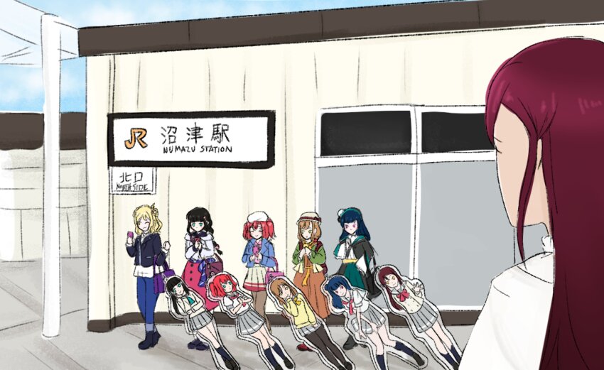 6+girls absurdres april_fools aqua_eyes aqua_neckerchief black_boots black_hair black_jacket blonde_hair blue_jacket blue_pants blunt_bangs boots bow bowtie braid breasts brown_dress brown_skirt cardigan cellphone character_charm charm_(object) commentary crown_braid dress elbow_carry flower green_jacket grey_sailor_collar grey_skirt hair_flower hair_ornament hair_petal hair_rings hairclip hat highres holding holding_phone hop?_stop?_nonstop! jacket julia_(starfait) kunikida_hanamaru kurosawa_dia kurosawa_ruby leather leather_jacket long_dress long_hair long_sleeves love_live! love_live!_sunshine!! love_live!_sunshine!!_the_school_idol_movie_over_the_rainbow low_twintails medium_breasts medium_hair miniskirt mole mole_under_mouth multiple_girls neckerchief numazu ohara_mari open_clothes open_jacket orange_bow orange_bowtie outdoors pants phone pink_shirt pleated_skirt purple_bag real_world_location red_bow red_bowtie red_hair red_neckerchief sailor_collar sakurauchi_riko school_uniform shirt single_hair_ring skirt smartphone standing sweater symbol-only_commentary tsushima_yoshiko turtleneck turtleneck_sweater twintails two_side_up uranohoshi_school_uniform white_hat white_jacket white_shirt white_sweater winter_uniform yellow_cardigan