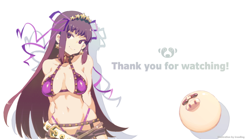 1girl 1other arms_behind_back artist_name ball bare_arms bare_shoulders bb_(fate) bb_(swimsuit_mooncancer)_(fate) bb_(swimsuit_mooncancer)_(second_ascension)_(fate) bikini black_shorts breasts character_request check_character cleavage closed_mouth collared_bikini commentary_request creature dated_commentary earrings english_text fate/grand_order fate_(series) highleg highleg_bikini highres ireading jewelry large_breasts long_hair looking_at_viewer navel pig_nose purple_bikini purple_eyes purple_hair purple_ribbon ribbon shadow short_shorts shorts simple_background smile star_(symbol) star_earrings stomach studded_bikini sunglasses swimsuit upper_body very_long_hair white_background yellow_tiara