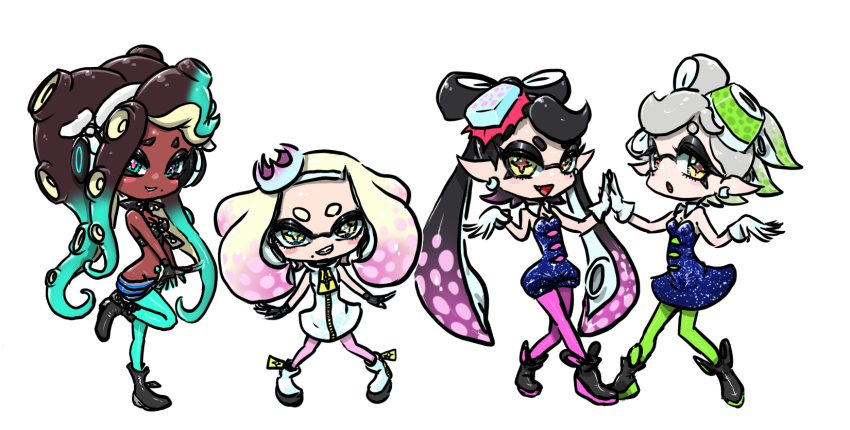 4girls ankle_boots bare_shoulders black_footwear black_gloves black_hair blonde_hair blue_dress blue_hair blue_jumpsuit blue_pantyhose boots bow-shaped_hair breasts callie_(splatoon) callie_(squid_sisters_outfit)_(splatoon) cephalopod_eyes chibi cleavage cousins cross-shaped_pupils dark-skinned_female dark_skin detached_collar dress earrings fingerless_gloves gloves green_hair green_pantyhose grey_hair headphones highres horizontal_pupils inkling jewelry jumpsuit koharu2.5 leg_up light_blue_hair long_hair marie_(splatoon) marie_(squid_sisters_outfit)_(splatoon) marina_(off_the_hook_outfit)_(splatoon) marina_(splatoon) medium_hair multicolored_hair multiple_girls navel_piercing nintendo octoling pantyhose pantyhose_under_shorts pearl_(off_the_hook_outfit)_(splatoon) pearl_(splatoon) piercing pink_hair pink_pantyhose pink_pupils pointy_ears red_pupils short_eyebrows short_hair short_jumpsuit shorts simple_background sleeveless sleeveless_dress small_breasts smile splatoon_(series) splatoon_1 splatoon_2 strapless strapless_dress symbol-shaped_pupils two-tone_hair white_background white_dress white_gloves yellow_eyes zipper zipper_pull_tab