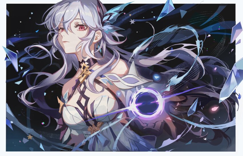 1girl bare_shoulders black_hole body_markings border breasts chromatic_aberration closed_mouth commentary dress earrings english_commentary genshin_impact glass_shards grey_hair hair_between_eyes hair_ornament highres jewelry long_hair looking_at_viewer medium_breasts pink_eyes skirk_(genshin_impact) solo upper_body very_long_hair white_border white_dress zerotabi1210