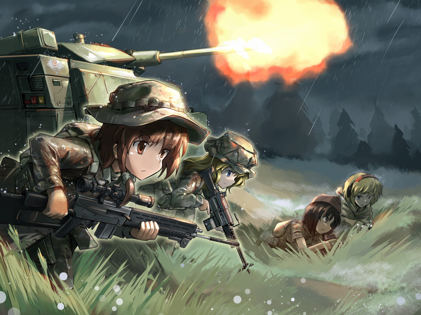 4girls alice_margatroid autocannon battle binoculars bipod blonde_hair blue_eyes boonie_hat brown_eyes brown_hair cannon chain_gun cover cover_page fat_(artist) female_focus firing grass gun hakurei_reimu hat headset highres infantry_fighting_vehicle kirisame_marisa light_machine_gun long_hair m242_bushmaster m249_saw m2_bradley machine_gun maribel_hearn military military_uniform military_vehicle motor_vehicle multiple_girls night night-vision_device outdoors rain raincoat scenery scope shameimaru_aya short_hair soldier tank touhou usami_renko vehicle war weapon