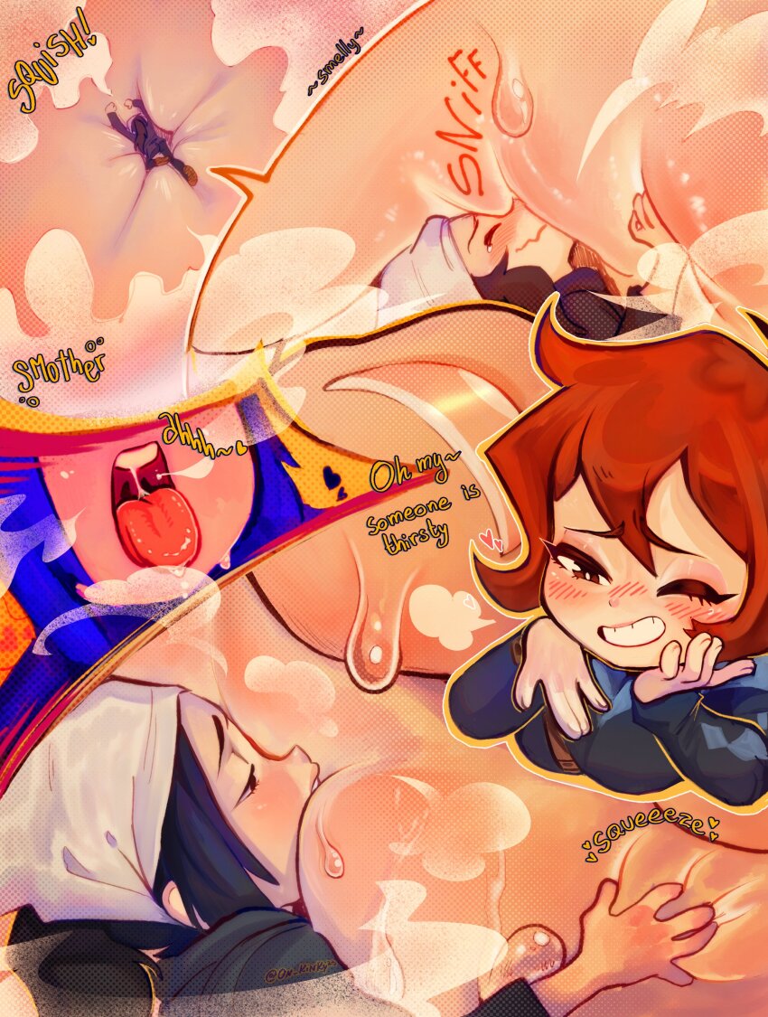 2023 2girls absurdres akari_(pokemon) arezu_(pokemon) asphyxiation black_hair blue_hoodie blue_jacket blurry blush breasts carrying carrying_person clenched_hands close-up comic commentary cowlick depth_of_field english_commentary english_text feet foot_focus foreshortening from_below galaxy_expedition_team_survey_corps_uniform hair_between_eyes headscarf heart highres holdinggiantess hood hood_down hoodie inside_shoes jacket layered_legwear leggings long_sleeves medium_breasts mini_person minigirl miniskirt multiple_girls multiple_views naughty_face nintendo nose_blush one_eye_closed onkinky open_mouth panels pokemon pokemon_legends:_arceus ponytail puffy_long_sleeves puffy_sleeves red_eyes red_hair red_scarf scarf short_hair sidelocks size_difference skirt socks spread_fingers stepped_on surprised tareme teeth toenails trample trapped upper_teeth_only