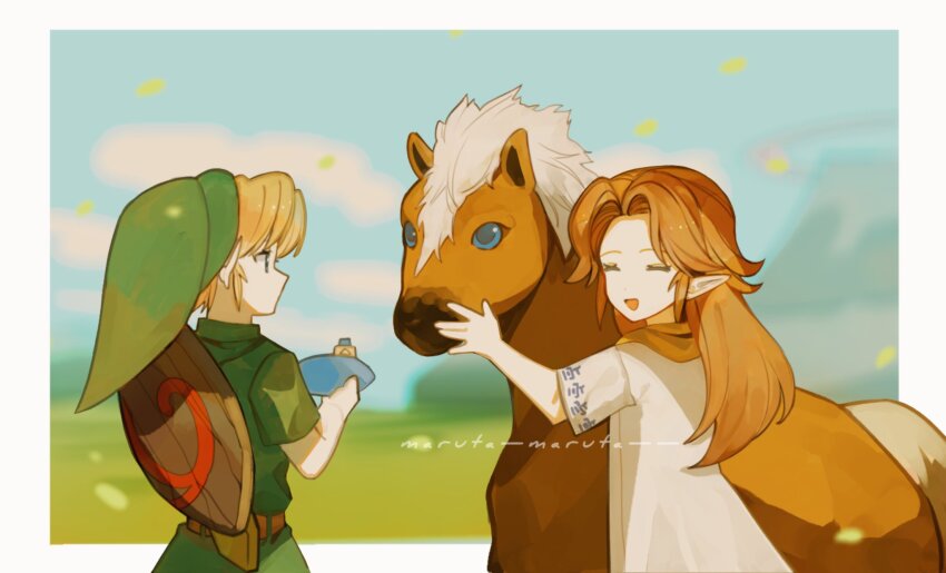 1boy 1girl ^_^ animal animal_hug artist_name belt blonde_hair blue_eyes blue_sky blurry blurry_background border brown_belt brown_hair closed_eyes cloud commentary_request day deku_shield dress epona grass green_hat green_tunic hat highres holding holding_instrument horse instrument kokiri_sword link long_hair looking_at_another malon maruta_maruta mountain neckerchief nintendo ocarina open_mouth orange_neckerchief outside_border parted_bangs pointy_ears shield shield_on_back short_hair short_sleeves sidelocks signature sky smile sword sword_on_back the_legend_of_zelda the_legend_of_zelda:_ocarina_of_time tunic weapon weapon_on_back white_border white_dress young_link