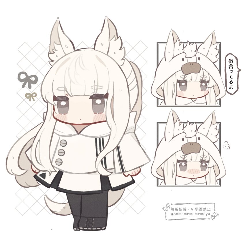 1girl animal_ear_fluff animal_ears arknights black_boots black_pantyhose blush blush_stickers boots chibi closed_mouth commentary_request grey_eyes highres horse_ears horse_girl horse_tail jacket lace-up_boots long_hair multiple_views nose_blush pantyhose platinum_(arknights) pleated_skirt short_eyebrows skirt someyaya standing tail thick_eyebrows translation_request twitter_username very_long_hair watermark white_hair white_jacket white_skirt