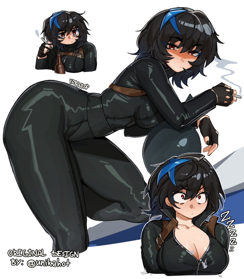 1girl alohapz black_hair blue_hair blue_streaks blush bodysuit breasts guilty_gear guilty_gear_strive guilty_gear_strive:_dual_rulers highres looking_at_viewer multicolored_hair open_clothes red_eyes short_hair simple_background solo streaked_hair unika_(guilty_gear)