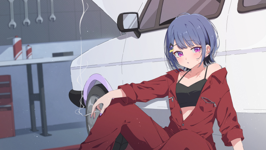 1girl :o absurdres akashi_(4kc_27) alternate_costume black_camisole black_hair blue_hair camisole can car cigarette colored_inner_hair crop_top diamond-shaped_pupils diamond_(shape) earclip earrings hair_ornament hairclip highres holding holding_cigarette indoors jewelry jumpsuit koshimizu_toru looking_at_viewer mechanic mole mole_under_eye motor_vehicle multicolored_hair nijisanji open_jumpsuit purple_eyes purple_nails red_jumpsuit short_hair single_bare_shoulder sitting smoke smoking solo stud_earrings sweat symbol-shaped_pupils triangle_hair_ornament virtual_youtuber wrench zipper zipper_pull_tab