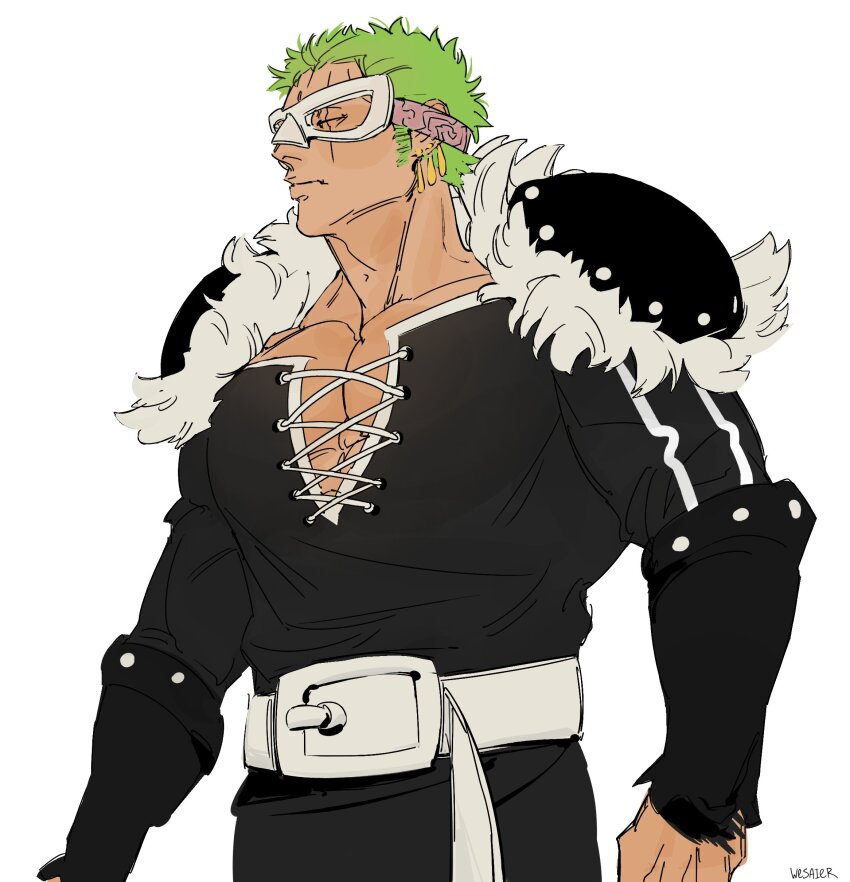 1boy absurdres artist_name belt black_shirt closed_mouth cross-laced_clothes earrings goggles green_hair hashtag-only_commentary highres jewelry looking_ahead male_focus muscular muscular_male one_piece roronoa_zoro shirt short_hair shoulder_pads sideburns solo upper_body wesaier