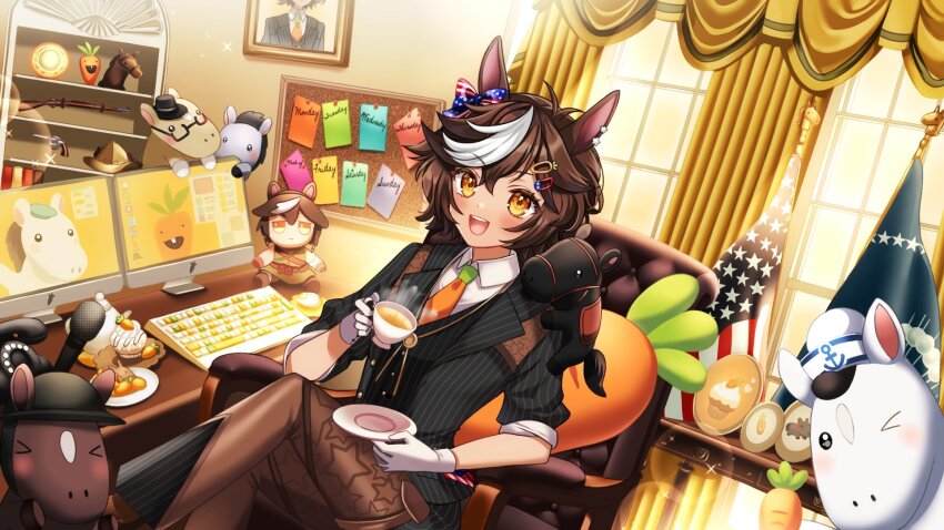 &gt;_o 1girl american_flag animal_ears black_suit brown_hair carrot chair chaps character_doll computer_keyboard computer_mouse cup cupcake desk doll eyelashes food formal_clothes gloves green_necktie gun hair_ornament hairclip handgun highres holding holding_cup holding_saucer horse horse_ears horse_girl indie_virtual_youtuber kompeitou_(lemon_garden) microphone monitor multicolored_hair necktie one_eye_closed open_mouth orange_necktie oval_office picture_frame pinstripe_pattern pinstripe_suit revolver rifle saucer second-party_source short_hair sitting sleeves_rolled_up solo sparkle star_(symbol) star_print streaked_hair stuffed_animal stuffed_carrot stuffed_horse stuffed_toy suit teacup teeth tomoe_umari tomoe_umari_(presidential) two-tone_necktie upper_teeth_only virtual_youtuber weapon white_gloves white_hair window yellow_eyes