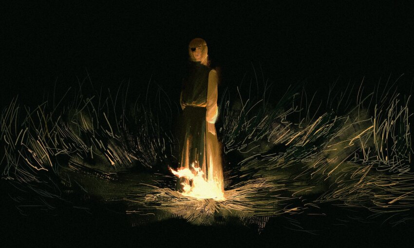 1boy badeni blonde_hair blue_eyes burning chi.:_chikyuu_no_undou_ni_tsuite eyepatch fire full_body grass highres looking_at_viewer male_focus medium_hair night outdoors scapular scar scar_on_face scar_on_lip scar_on_mouth scar_on_nose solo standing tonsure toro_(gyuhmtdao15070)