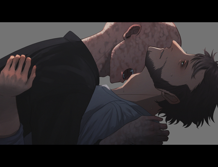 2boys bags_under_eyes bald beard black_shirt blush brown_hair commentary_request deadpool deadpool_&amp;_wolverine deadpool_(series) doghooouse facial_hair fangs green_eyes highres imminent_bite male_focus marvel marvel_cinematic_universe multiple_boys muscular muscular_male open_mouth scar scars_all_over shirt short_hair sweat teeth too_many wolverine_(x-men) x-men yaoi