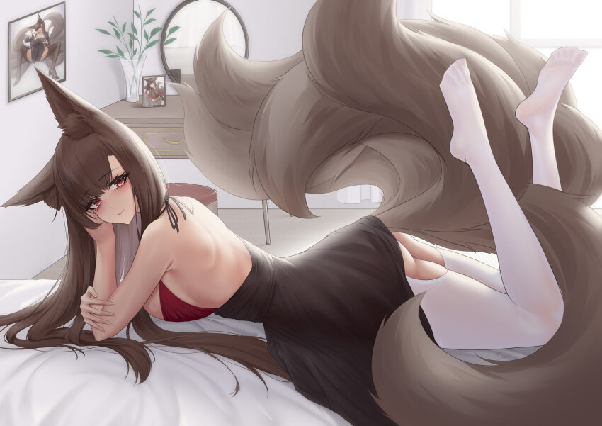 1girl absurdres akagi_(azur_lane) animal_ears artist_self-reference ass ass_cutout azur_lane backless_dress backless_outfit bare_shoulders breasts brown_hair brown_tail clothing_cutout commentary_request dress fox_ears fox_tail from_side full_body highres ichikushi_mojibake indoors kitsune large_breasts long_hair looking_at_viewer looking_to_the_side lying multiple_tails on_stomach pantyhose red_eyes solo tail the_pose thighband_pantyhose variant_set very_long_hair white_pantyhose
