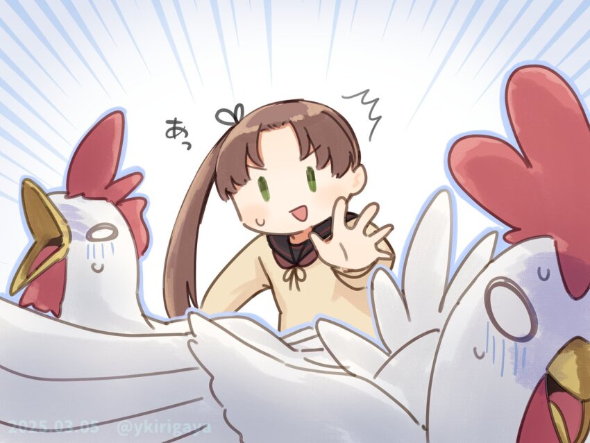 1girl animal ayanami_(kancolle) ayanami_kai_ni_(kancolle) bird black_ribbon black_sailor_collar blush brown_hair chibi chicken commentary_request dated green_eyes hair_ribbon kantai_collection kirigaya_yuuji long_hair long_sleeves open_mouth outstretched_arm ribbon sailor_collar side_ponytail simple_background sweat twitter_username upper_body very_long_hair