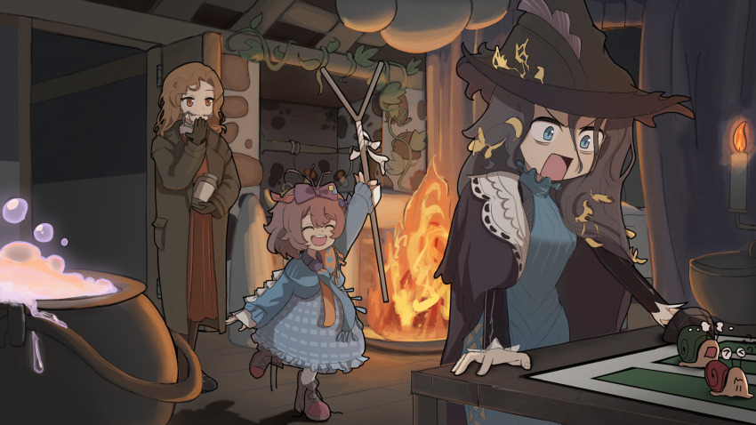3girls ^_^ ahoge arm_up black_cape black_coat black_gloves black_hat blue_bow blue_dress blue_eyes blue_scarf boots bow braces brown_boots brown_hair campfire candle cape cauldron closed_eyes coat covering_own_mouth dress flutterpage gloves hair_bow hair_ornament hand_over_own_mouth hand_up hands_on_table hat hat_ornament highres holding holding_jar holding_rod indoors jar leaf_hair_ornament leaf_hat_ornament leg_up long_dress long_hair looking_at_animal looking_at_another multiple_girls multiple_hair_bows open_mouth orange_scarf purple_bow red_dress reverse:1999 rod scarf short_hair smile snail standing thiepriest tooth_fairy_(reverse:1999) two-tone_scarf willow_(reverse:1999) witch_hat