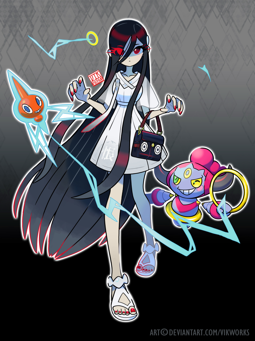 1girl absurdres artist_name bag black_bag black_hair blue_eyes blush_stickers clothes_writing colored_sclera commentary crossover deviantart_username dress elbow_carry electricity english_commentary eyes_visible_through_hair full_body gen_4_pokemon gen_6_pokemon gradient_background green_eyes hair_over_one_eye handbag highres holding holding_jewelry holding_ring hoopa hoopa_(confined) jewelry legendary_pokemon long_hair looking_at_viewer mythical_pokemon nintendo one_eye_closed pokemon pokemon_(creature) red_eyes red_nails ring rotom rotom_(normal) sandals see-through_clothes see-through_sleeves sidelocks signature smile the_ring very_long_hair vikthor01 white_dress white_footwear yamamura_sadako yellow_sclera