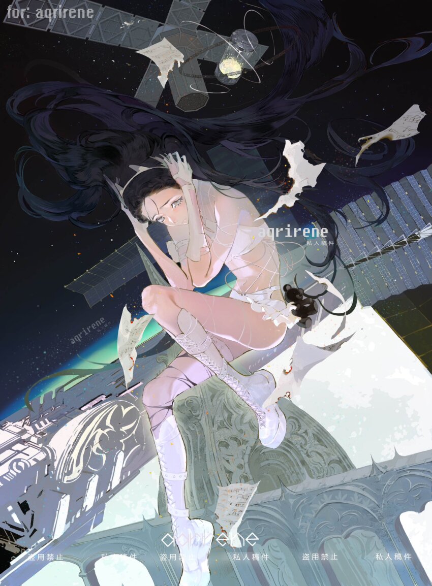 1girl black_hair boots commission cropped_shirt floating_hair frilled_shorts frills frown gloves grey_eyes hairband highres lace-up_boots long_hair midriff mr._owlish navel original see-through_clothes shirt short_shorts shorts sitting sleeveless sleeveless_shirt solar_panel space space_station thigh_strap torn_clothes very_long_hair white_footwear white_gloves