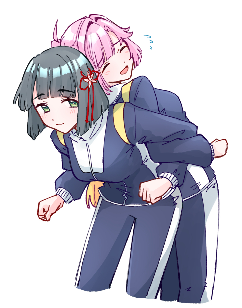 2girls :3 :d ahoge anyoji_hime assisted_stretching black_hair blue_jacket blue_pants blue_track_suit blunt_bangs blunt_ends blush bob_cut breasts closed_mouth commentary cropped_legs flower flower_knot green_eyes hair_flower hair_intakes hair_ornament hasu_no_sora_gym_uniform highres jacket leaning_back leaning_forward link!_like!_love_live! long_hair long_sleeves love_live! medium_breasts momose_ginko multi-tied_hair multiple_girls open_mouth pants pink_flower pink_hair ponytail short_hair sidelocks simple_background smile swept_bangs symbol-only_commentary track_jacket track_pants track_suit virtual_youtuber white_background zangemiya