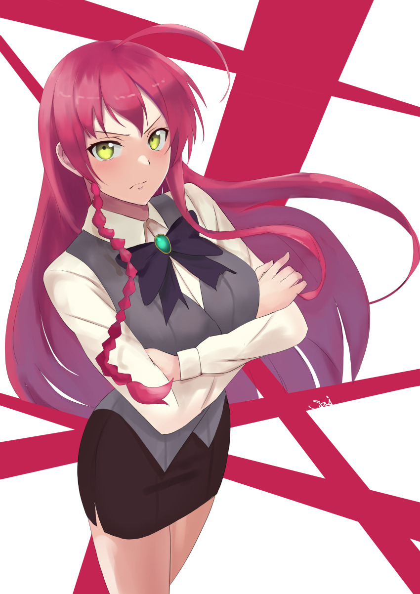 1girl absurdres ahoge black_skirt braid breasts closed_mouth collared_shirt commentary_request crossed_arms dress_shirt floating_hair frown green_eyes grey_vest hataraku_maou-sama! highres long_hair long_sleeves looking_at_viewer neck_ribbon red_background red_hair ribbon s4ika shirt signature single_braid skirt solo standing thighs vest white_background white_shirt yusa_emi