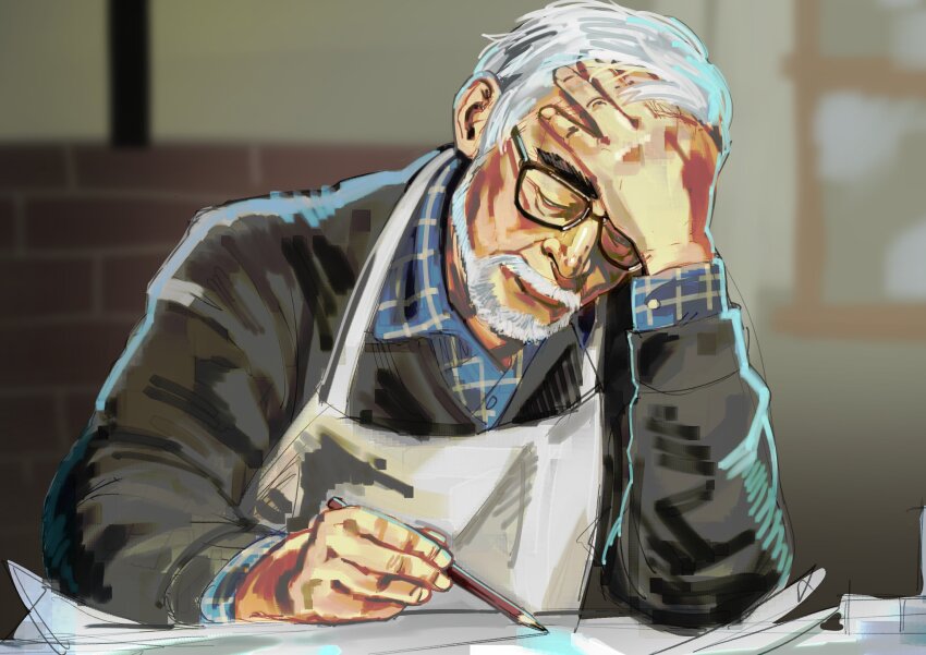 1boy apron beard black_jacket blue_shirt closed_eyes closed_mouth commentary drawing_(action) english_commentary facial_hair glasses hand_on_own_face highres holding holding_pencil jacket male_focus miyazaki_hayao_(person) old old_man pencil real_life shirt solo trope_art white_apron white_hair