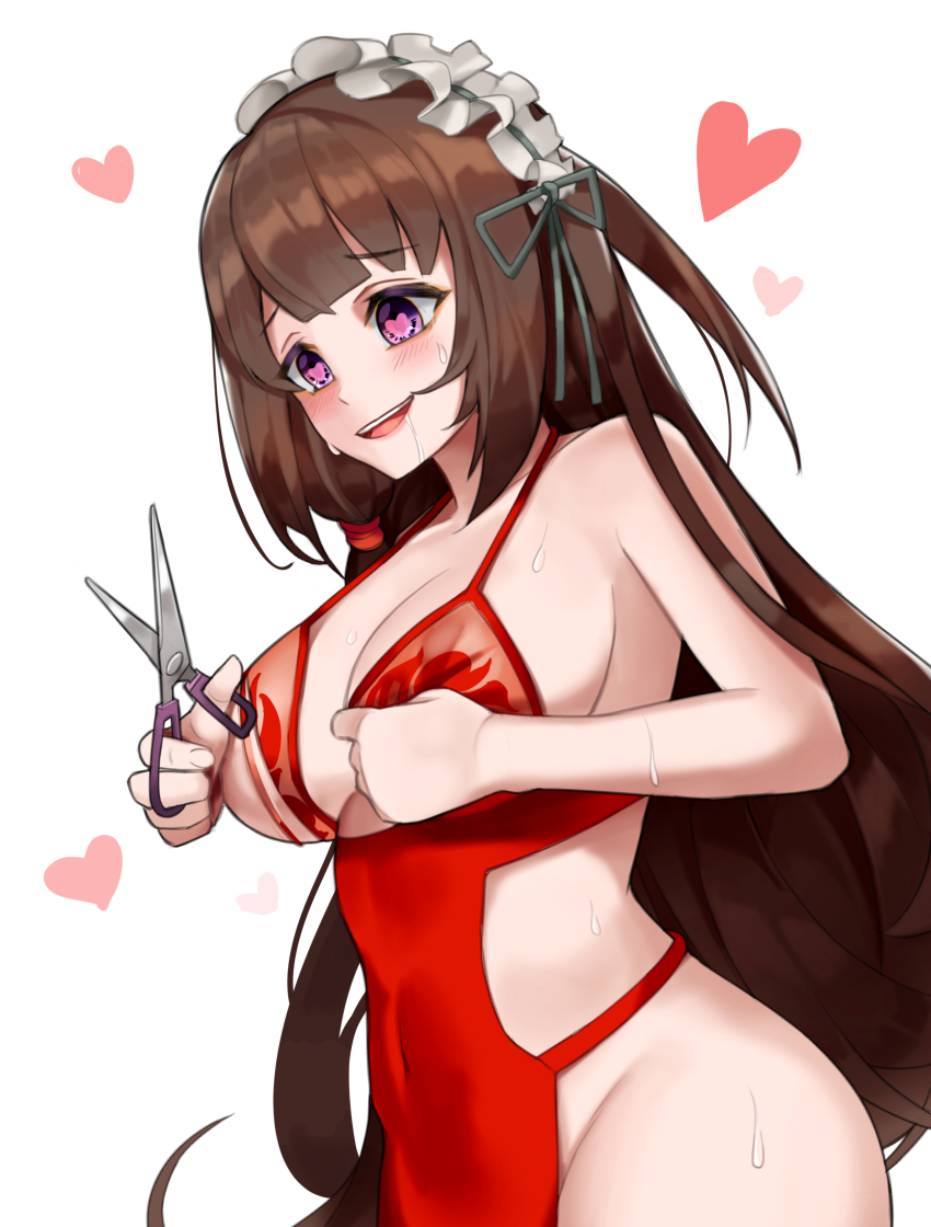 1girl absurdres blush breasts brown_hair cleavage drooling eh-526 empty_eyes heart heart-shaped_pupils highres large_breasts last_origin long_hair maid_headdress open_mouth purple_eyes saliva scissors scissors_lise skindentation smile sweat symbol-shaped_pupils yandere
