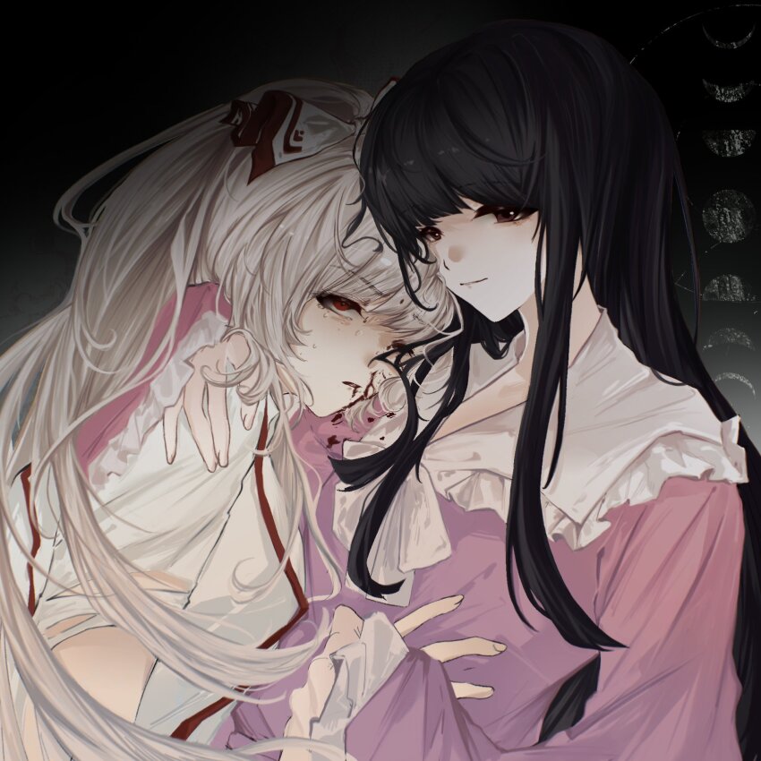 2girls alulue1 black_background black_hair blood blood_from_mouth blunt_bangs bow bowtie brown_eyes closed_mouth collared_shirt commentary_request crying crying_with_eyes_open empty_eyes fingernails frills from_side fujiwara_no_mokou gradient_background grey_background hair_between_eyes hair_bow hand_on_another&#039;s_chest hand_on_another&#039;s_shoulder hand_up head_on_another&#039;s_shoulder high_ponytail highres holding_hands houraisan_kaguya injury long_hair long_sleeves looking_at_viewer moon_phases multiple_girls nosebleed pink_shirt ponytail red_eyes shirt short_sleeves sidelocks simple_background smile suspenders tears torn_clothes torn_shirt touhou upper_body white_bow white_bowtie white_shirt wide_sleeves yuri