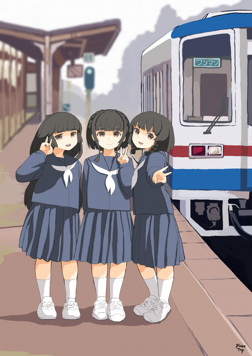 3girls alternate_hair_color blue_sailor_collar blue_serafuku blue_shirt blue_skirt braid dress etorofu_(kancolle) highres kantai_collection low_twintails mikura_(kancolle) multiple_girls neckerchief pleated_dress sailor_collar school_uniform serafuku shirt short_hair side_braids skirt socks standing toplow train train_station twin_braids twintails ukuru_(kancolle) white_neckerchief white_socks