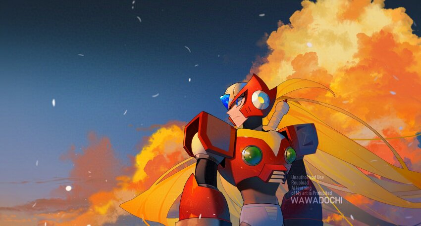 1boy armor blonde_hair chest_jewel cloud forehead_jewel helmet highres long_hair male_focus mega_man_(series) mega_man_x_(series) red_armor red_helmet solo upper_body watermark wawadochi zero_(mega_man)