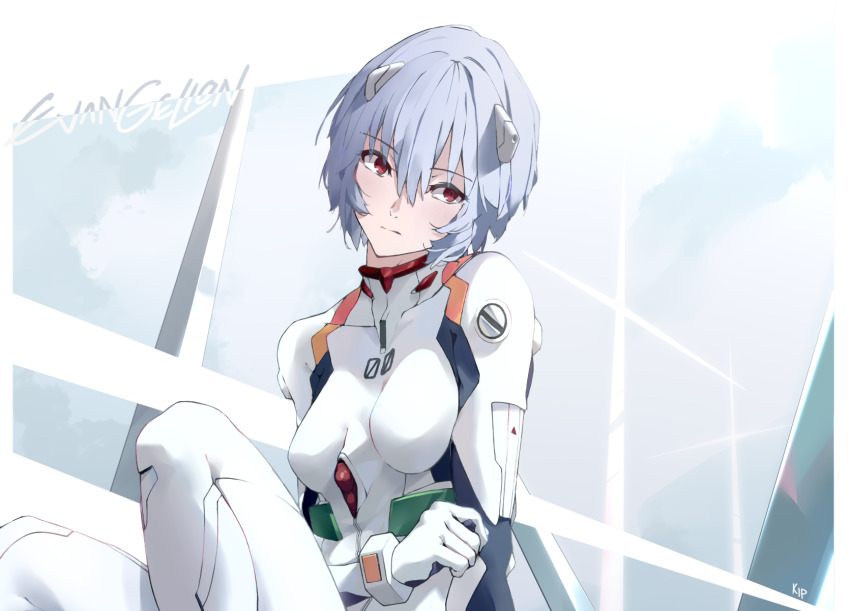 1girl artist_name ayanami_rei blue_hair bodysuit breasts closed_mouth collar commentary copyright_name gloves hair_between_eyes hair_ornament highres interface_headset_(evangelion) kips looking_at_viewer mecha_pilot_suit medium_breasts neon_genesis_evangelion plugsuit_(evangelion) red_eyes short_hair signature simple_background sitting solo white_bodysuit white_gloves