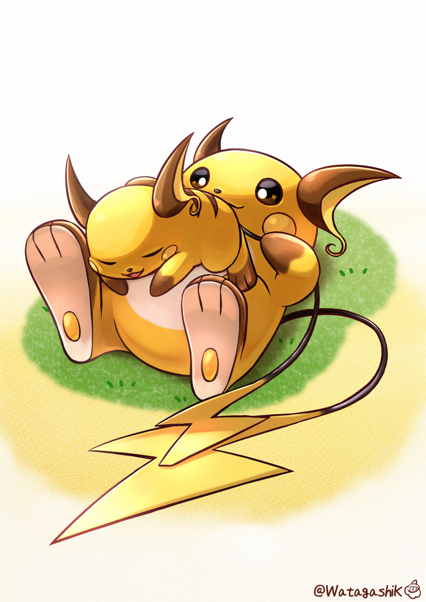 absurdres brown_eyes closed_eyes closed_mouth commentary_request full_body gen_1_pokemon grass highres looking_at_another lying nintendo no_humans on_back on_grass on_stomach open_mouth partial_commentary pokemon pokemon_(creature) pokemon_focus raichu signature sleeping sleeping_on_person smile twitter_username watagashikn white_background