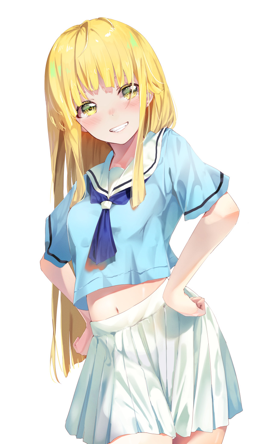 1girl absurdres bang_dream! blonde_hair blush cowboy_shot grin hair_over_one_eye hanasakigawa_school_uniform hands_on_own_hips highres long_hair looking_at_viewer midriff midriff_peek miniskirt navel pleated_skirt school_uniform skirt smile solo tsurumaki_kokoro white_background yellow_eyes yuunamida_uyu