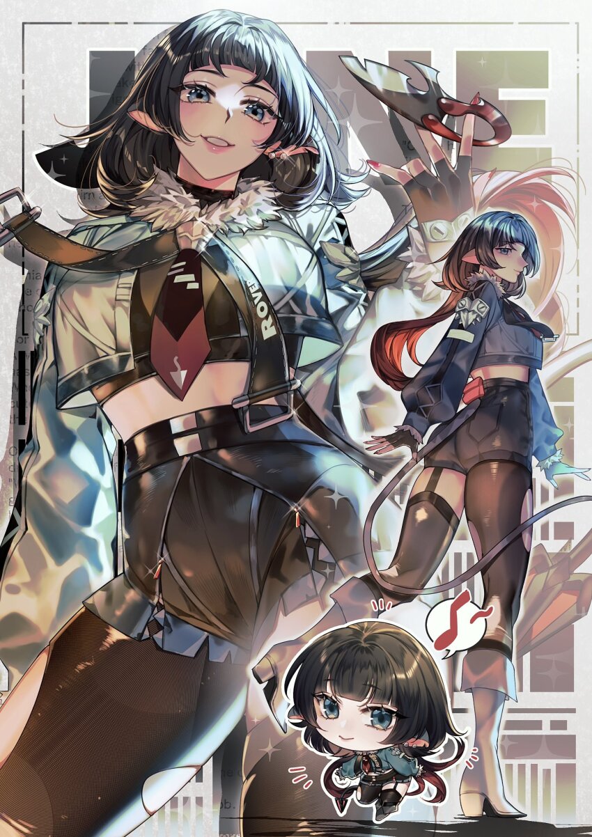 1girl black_gloves black_hair black_shorts blunt_bangs chibi closed_mouth earrings fingerless_gloves fingernails full_body fur-trimmed_jacket fur_trim gloves green_eyes green_jacket high-waist_shorts highres holding holding_weapon jacket jane_doe_(zenless_zone_zero) jewelry kriskris light_particles long_hair looking_at_viewer multicolored_hair multiple_views pantyhose parted_lips red_hair red_nails shorts sidelocks smile thighhighs torn_clothes torn_pantyhose two-tone_hair weapon zenless_zone_zero