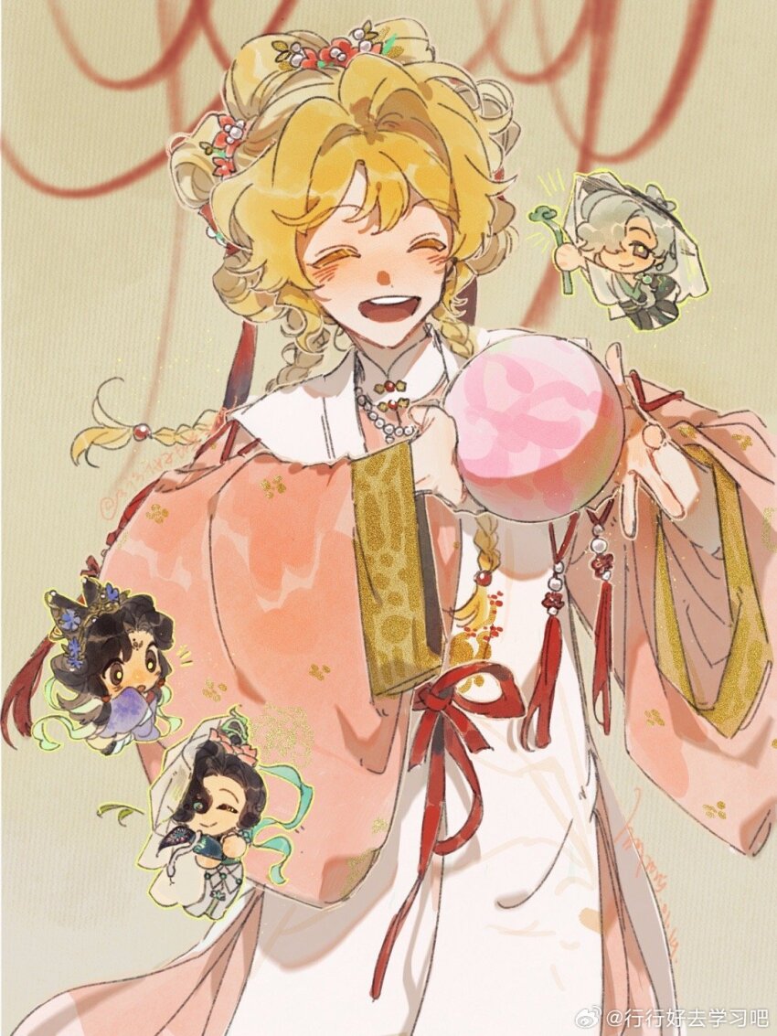 4girls ^_^ a_xing ball black_eyes black_hair blonde_hair braid brown_background chibi chibi_inset chinese_clothes closed_eyes flower hair_flower hair_ornament hair_ribbon hands_up hanfu highres holding holding_ball jiu_niangzi jiu_niangzi_(blossom_spring_fairy) long_hair long_sleeves low_twin_braids multiple_girls official_alternate_costume open_mouth pink_flower pink_hanfu puffy_long_sleeves puffy_sleeves red_ribbon reverse:1999 ribbon robe shuangyaji smile solo_focus sotheby sotheby_(the_red_thread_of_fate) teeth tuesday_(reverse:1999) twin_braids upper_teeth_only watermark weibo_watermark white_hair white_robe windsong_(reverse:1999)