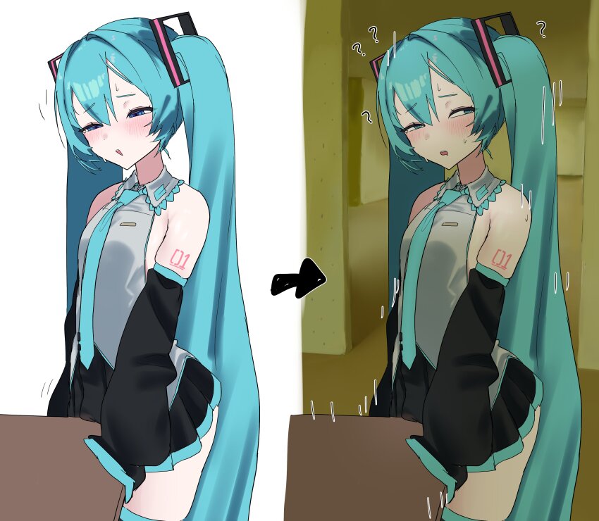1girl ? absurdres akumuruji aqua_eyes aqua_hair aqua_necktie arrow_(symbol) backrooms_(creepypasta) black_skirt black_sleeves blush breasts collared_shirt confused cowboy_shot crotch_rub detached_sleeves female_masturbation grey_shirt hatsune_miku highres long_hair long_sleeves masturbation masturbation_through_clothes miniskirt motion_lines multiple_views necktie number_tattoo open_mouth pleated_skirt shirt shoulder_tattoo skindentation skirt sleeveless sleeveless_shirt small_breasts smile standing table table_humping tattoo twintails very_long_hair vocaloid