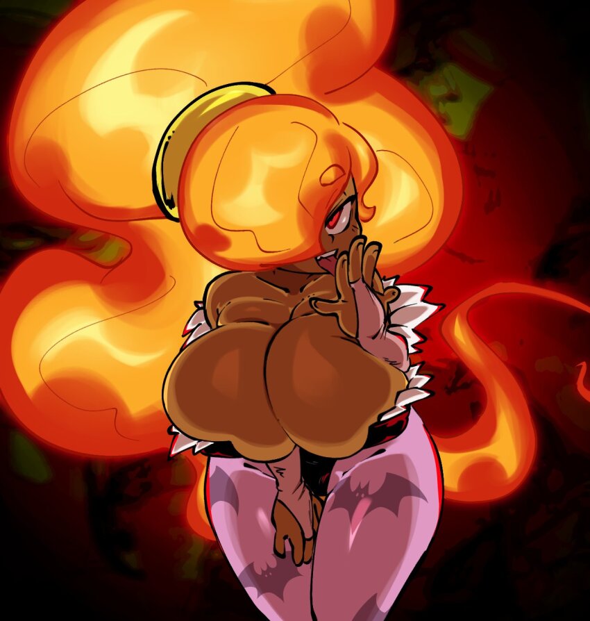 1girl breasts capcom cleavage cosplay crossover dark-skinned_female dark_skin darkstalkers fiery_hair hair_over_one_eye hairband highres jellot large_breasts licking licking_finger long_hair morrigan_aensland morrigan_aensland_(cosplay) power_stone rouge_(power_stone) solo