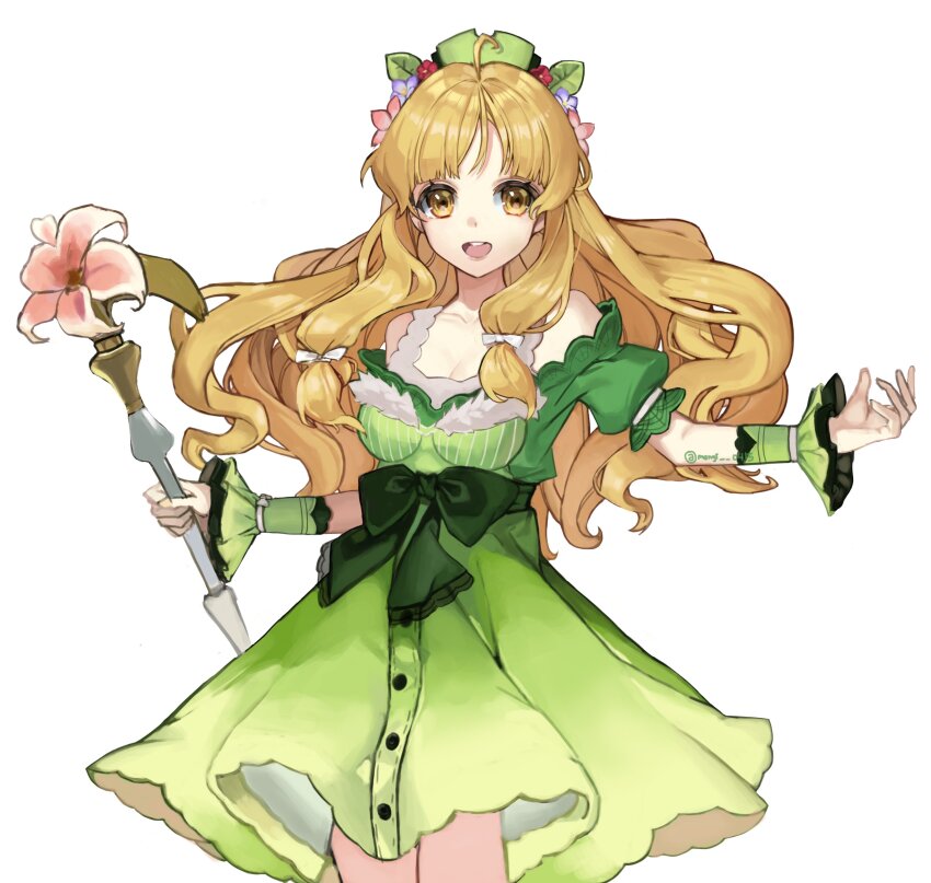 1girl :d absurdres atelier_(series) atelier_ayesha ayesha_altugle blonde_hair bow breasts brown_eyes cleavage cowboy_shot dress flower green_dress green_hat hair_flower hair_ornament hat highres holding holding_staff long_hair looking_at_viewer medium_breasts off-shoulder_dress off_shoulder oguri_(mongji_0415) open_mouth simple_background smile solo staff standing waist_bow white_background wrist_cuffs