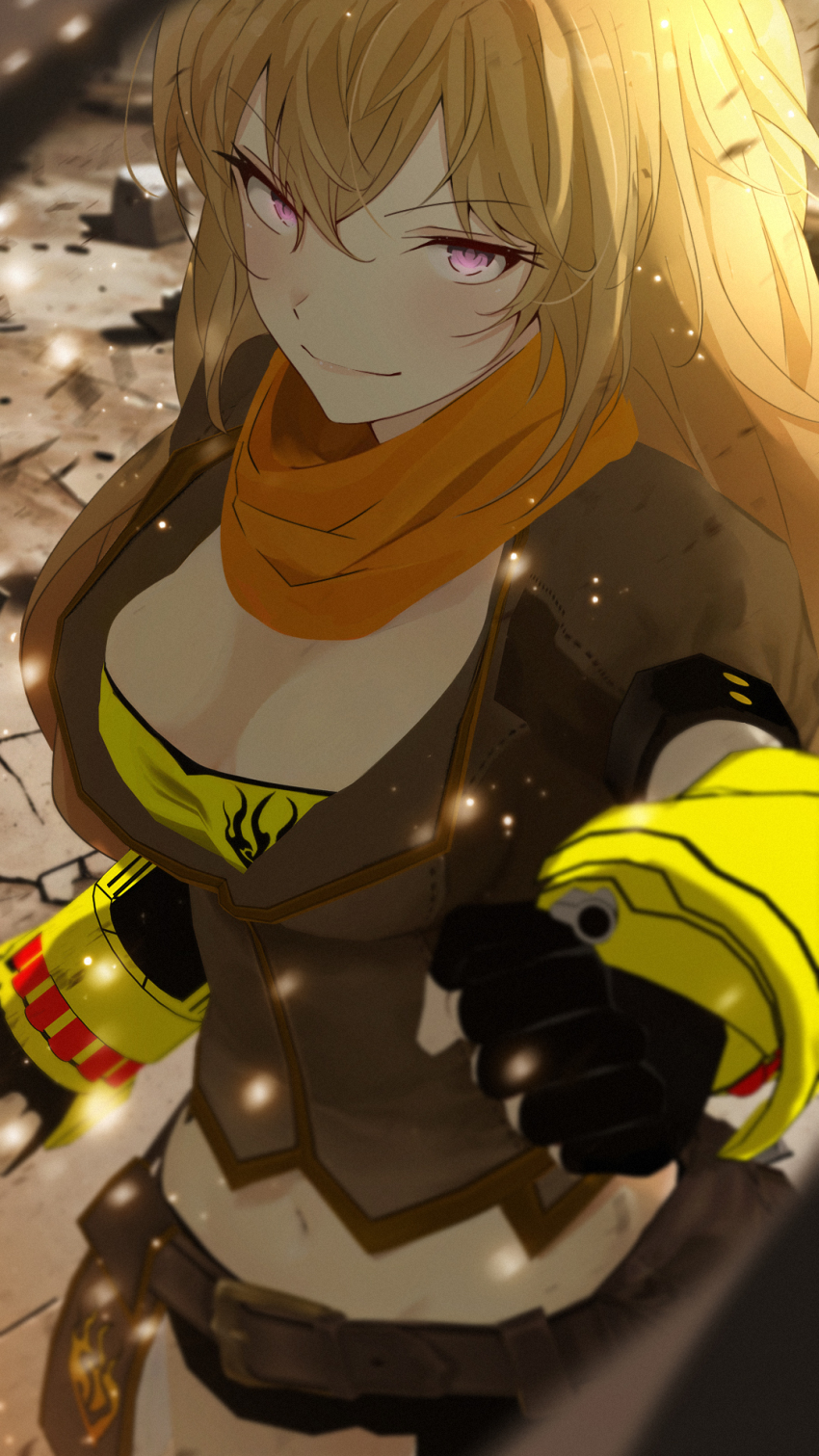1girl breasts cleavage clenched_hands fingerless_gloves gloves half-closed_eyes highres large_breasts legs long_hair looking_at_viewer midriff navel purple_eyes rwby scarf seductive_gaze seductive_smile skirt smile solo thighs yang_xiao_long