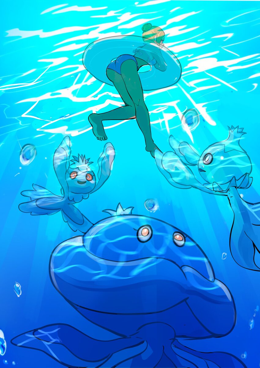 1girl absurdres air_bubble arms_up bikini blue_bikini brown_hair bubble caustics frillish frillish_(female) frillish_(male) from_below gen_5_pokemon hair_bun highres innertube jellicent jellicent_(male) light_reflection_(water) makademia neck_ruff nintendo open_mouth partially_submerged pokemon pokemon_(creature) pokemon_dppt reaching reaching_towards_another red_eyes sidelocks single_hair_bun smile swim_ring swimmer_(pokemon) swimsuit underwater water