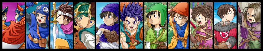 6+boys absurdres ancestor_and_descendant armor bandana black_border black_eyes black_hair blue_eyes blue_hair blue_tunic border brown_hair chainmail circlet clenched_teeth commentary_request dragon_quest dragon_quest_i dragon_quest_ii dragon_quest_iii dragon_quest_iv dragon_quest_ix dragon_quest_v dragon_quest_vi dragon_quest_vii dragon_quest_viii dragon_quest_x dragon_quest_xi earrings fake_horns floating_hair goggles goggles_on_headwear gold_earrings gold_headdress green_hair helmet hero_(dq1) hero_(dq10) hero_(dq11) hero_(dq3) hero_(dq4) hero_(dq5) hero_(dq6) hero_(dq7) hero_(dq8) hero_(dq9) highres holding holding_shield holding_sword holding_weapon hoop_earrings horned_helmet horns in-franchise_crossover jewelry kamakiri long_image male_focus medium_hair multiple_boys muscular muscular_male open_mouth orange_bandana parted_hair partial_commentary prince_of_lorasia profile purple_eyes purple_turban roto_(dq3) shield short_hair silver_circlet single_bang slime_(dragon_quest) spiked_hair sword teeth toriyama_akira_(style) tunic weapon wide_image