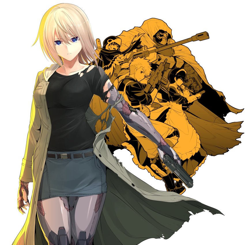 android apron blau_(mechanical_buddy_universe) blonde_hair blue_eyes cloak clothed_robot coat diva_duo_(mechanical_buddy_universe) gun hair_between_eyes handgun hawk_(mechanical_buddy_universe) highres hood hooded_cloak hooded_coat hooded_jacket humanoid_robot jacket joints kato_takuji long_skirt long_sleeves maid maid_apron maid_headdress mecha mechabare mechanical_arms mechanical_buddy_universe mechanical_legs mother_and_son overcoat rainy_(mechanical_buddy_universe) riika_rikkinen_(mechanical_buddy_universe) robot robot_joints scar scar_on_face science_fiction short_hair shu_(mechanical_buddy_universe) skirt sweater weapon